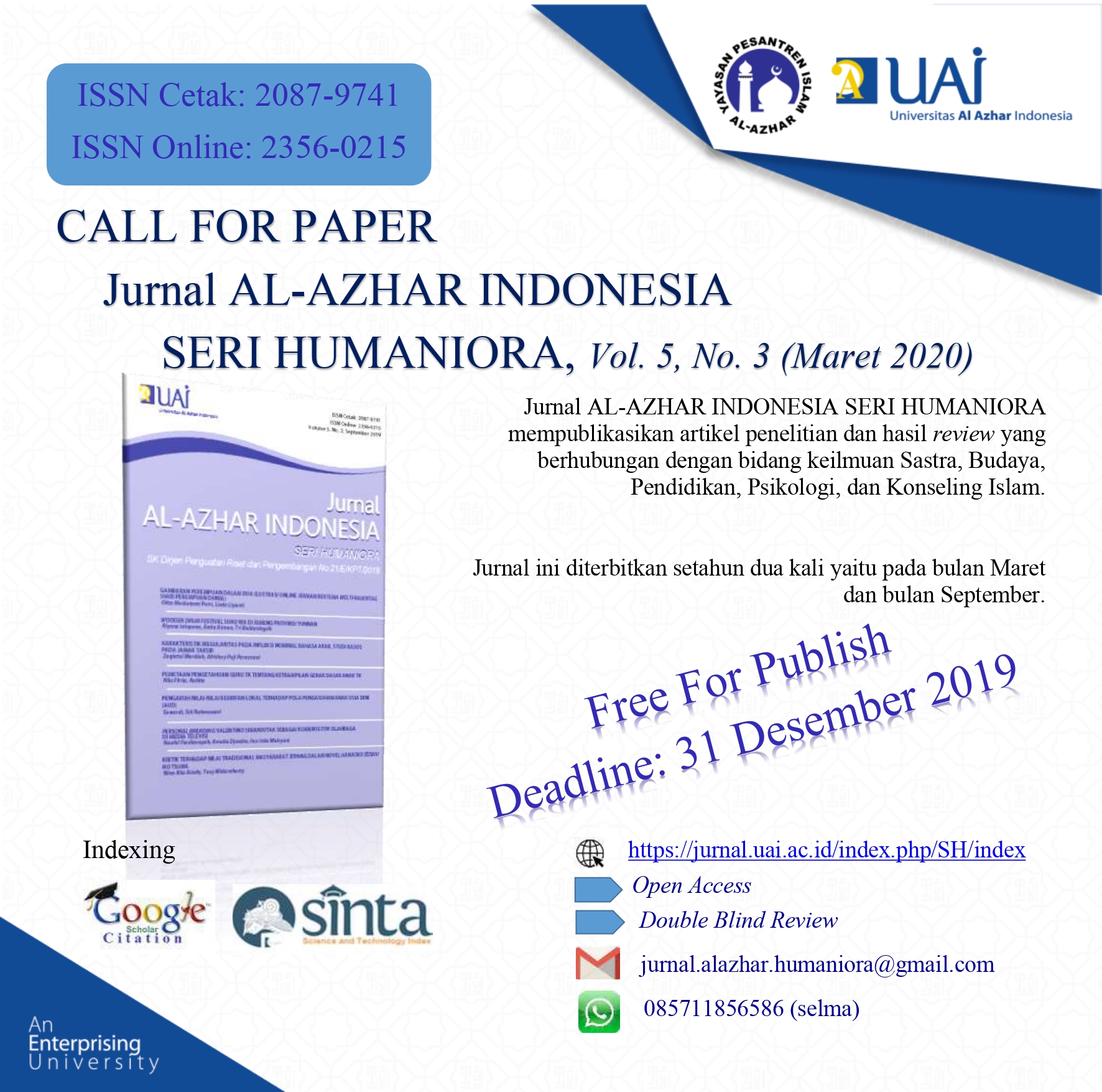 Call For Paper Jurnal Al-Azhar Indonesia Seri Humaniora ISSN: 2087-9741, E-ISSN: 2356-0215